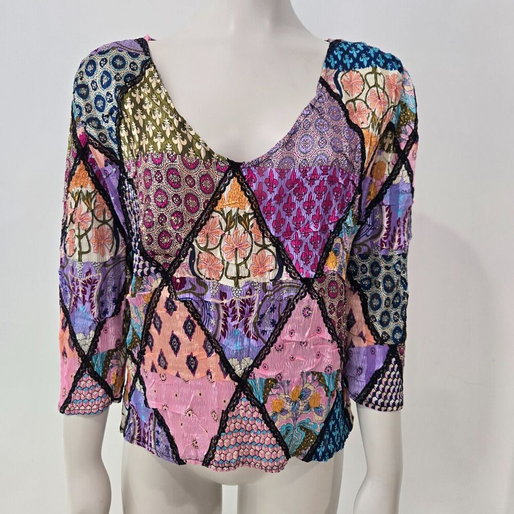 Alberto Makali Top Womens M Crinkle Stretch Sequins Floral Patchwork Y2K fairy